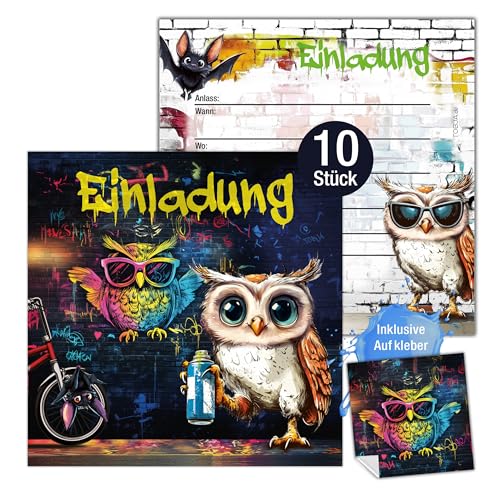 TOBJA 10x Einladungskarten Kindergeburtstag Mädchen & Jungen Graffiti Eulen Design XXL 15 x 15 cm | mit Stickern & Umschlägen | Geburtstagseinladungen für Teenager & Kinder (ohne Umschläge) von TOBJA