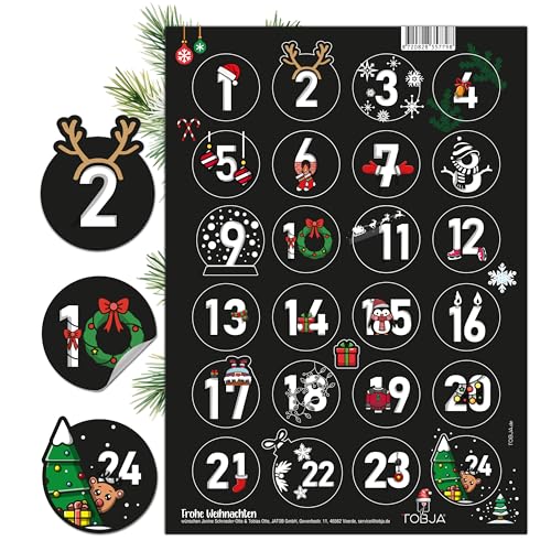 TOBJA Adventskalender Zahlen Aufkleber - 24 Sticker Zahlenaufkleber 1-24 Weihnachten | Einzigartige Adventsaufkleber für besondere Momente | Adventkalender Sticker (Schwarz-Bunt) von TOBJA