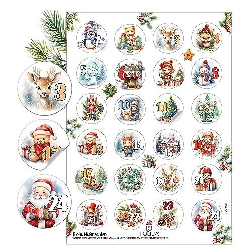 TOBJA Adventskalender Zahlen Aufkleber - 24 Sticker Zahlenaufkleber 1-24 Weihnachten | Niedliche Adventsaufkleber für besondere Momente | Adventkalender Sticker (bunt) von TOBJA