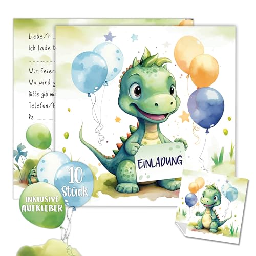 TOBJA Dino Einladung Kindergeburtstag Junge | XXL Dinosaurier Einladungskarten Geburtstag 15 x 15 cm | 10er Set mit Stickern | Geburtstagseinladungen Jungen (Dino) von TOBJA