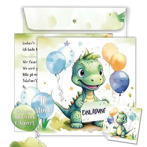 TOBJA Dino Einladungskarten Kindergeburtstag Junge | XXL Dinosaurier Geburtstagseinladungen jungen 15 x 15 cm | 10er Set mit Umschlägen & Stickern | Einladungskarten Geburtstag (Dino) von TOBJA