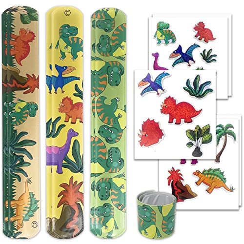 TOBJA Dinosaurier Schnapparmband Sticker Set - Knickarmbänder + Aufkleber Dino 5er Set | Klatscharmband für Jungen Kindergeburtstag Mitgebsel | Armband Kinderparty Giveaway Gastgeschenk (5X Dino) von TOBJA