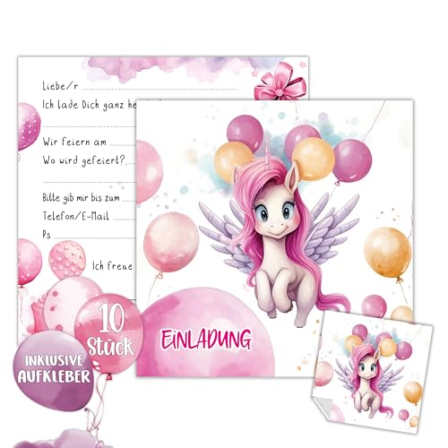 TOBJA Einhorn Einladung Kindergeburtstag Mädchen | XXL Unicorn Einladungskarten Geburtstag 15 x 15 cm | 10er Set mit Stickern | Geburtstagseinladungen (Einhorn) von TOBJA