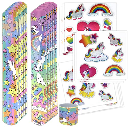 Einhorn Schnapparmband Sticker Set - Knickarmbänder und Aufkleber Unicorn 10er Set | Klatscharmband für Mädchen Kindergeburtstag Mitgebsel | Armband als Kinderparty Giveaway Gastgeschenk (10x Einhorn) von TOBJA