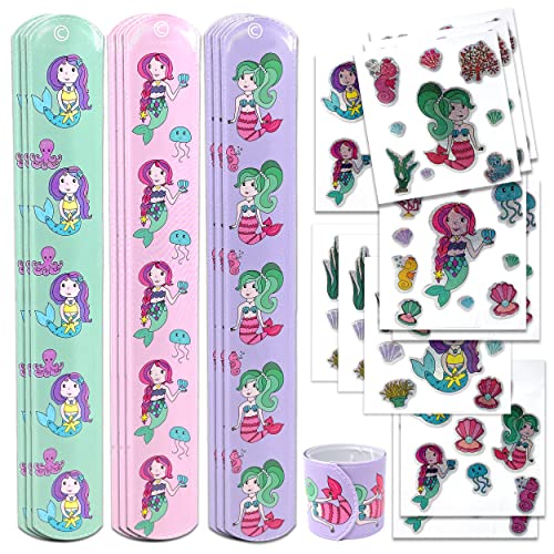 TOBJA Meerjungfrauen-Schnapparmbänder und Sticker-Set für Kinderpartys und Geburtstage - 10 Armbänder und passende Sticker-Sets im wunderschönen Design von TOBJA