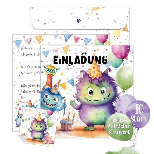 TOBJA Monster Einladung Kindergeburtstag Junge | XXL Monster Einladungskarten Geburtstag 15 x 15 cm | 10er Set mit Umschlägen & Stickern | Geburtstagseinladungen Jungen (Monster) von TOBJA