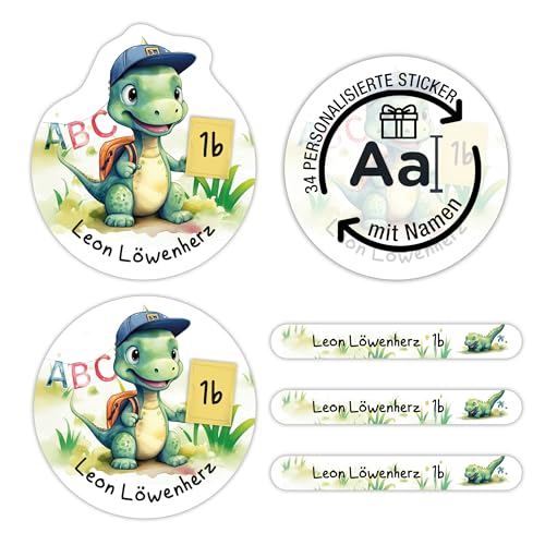 TOBJA Namensaufkleber Kinder Schule personalisiert | 36 wasserfeste Sticker mit Namen für Hefte & Schule | Permanent haftend | Süßes Dino Design für Mädchen & Jungen von TOBJA