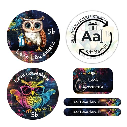 TOBJA Namensaufkleber Kinder Schule personalisiert | 36 wasserfeste Sticker mit Namen für Hefte & Schule | Permanent haftend | Süßes Eulen Design für Mädchen & Jungen von TOBJA