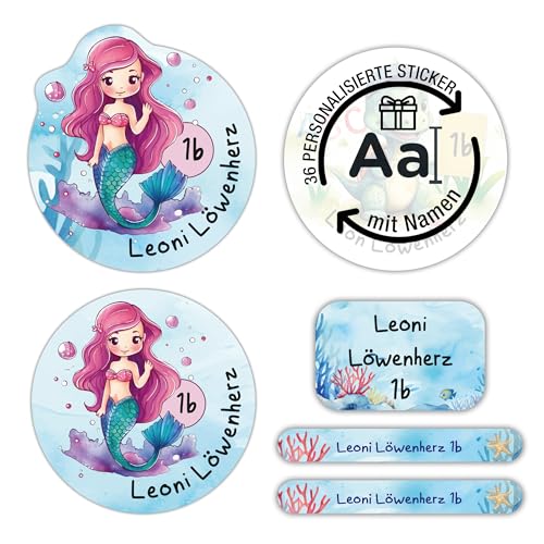 TOBJA Namensaufkleber Kinder Schule personalisiert | 36 wasserfeste Sticker mit Namen für Hefte & Schule | Permanent haftend | Süßes Meerjungfrau Design für Mädchen von TOBJA