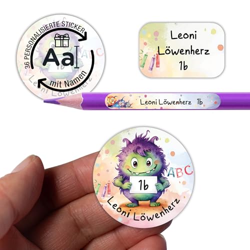 TOBJA Namensaufkleber Kinder Schule personalisiert | 36 wasserfeste Sticker mit Namen für Hefte & Schule | Permanent haftend | Süßes Monster Design für Mädchen & Jungen von TOBJA