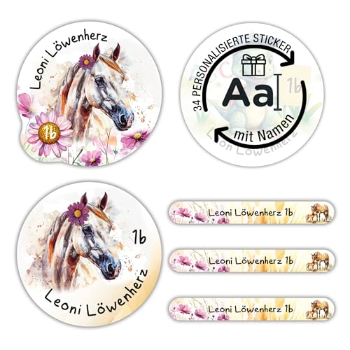 TOBJA Namensaufkleber Kinder Schule personalisiert | 36 wasserfeste Sticker mit Namen für Hefte & Schule | Permanent haftend | Süßes Pferde Design für Mädchen & Jungen von TOBJA