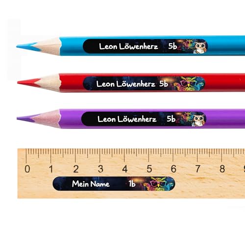 TOBJA Namensaufkleber Kinder Schule personalisiert | 96 wasserfeste Sticker mit Namen für Stifte | Permanent haftend | Süßes Eulen Design Namensschilder Schule (Eule Stifte) von TOBJA