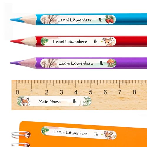 TOBJA Namensaufkleber Kinder Schule personalisiert | 96 wasserfeste Sticker mit Namen für Stifte | Permanent haftend | Süßes Waldtiere Design Namensschilder Schule (Waldtiere Stifte) von TOBJA
