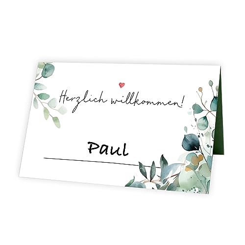 TOBJA Tischkarten Hochzeit Eukalyptus Design, 50 Stück | Stilvolle Platzkarten | Herzlich Willkommen Namenskärtchen | Leicht Beschriftbar - Namensschilder von TOBJA