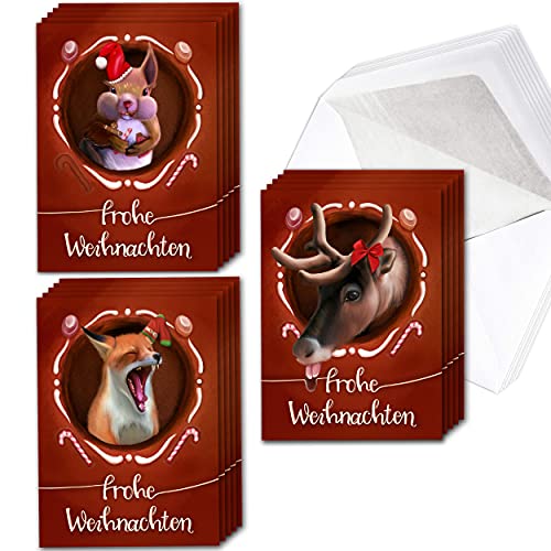 TOBJA Weihnachtskarten Klappkarten Set mit Umschlag - 15 lustige Karten Tiere im Lebkuchenhaus | 3 x 5 Motive für individuelle Weihnachtsgrüße | Premium dickes Papier & hochwertiger Umschlag by von TOBJA