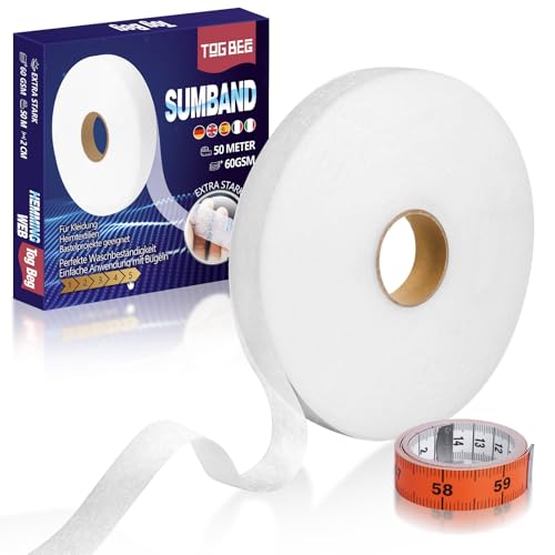 TOG BEG Saumband 50m x 2cm - inkl. 1,5m Maßband - Extra Starkes Bügelband 60GSM, Waschfestes Textilband für Kleidung Reparatur, Stoffband für Vorhänge & Textilien von TOG BEG