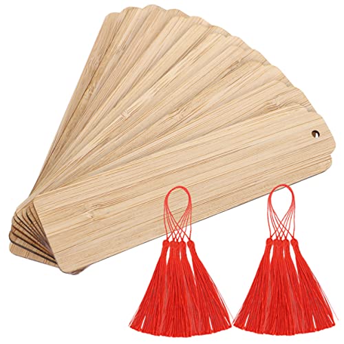 TOGEVAL 10 Sätze Blanko Holz Lesezeichen Diy Bastelset mit Roter Quaste Rechteckige Holzanhänger Bemalen Schnitzen und Verzieren Vielseitig als Lesezeichen und Dekoration für Leser von TOGEVAL