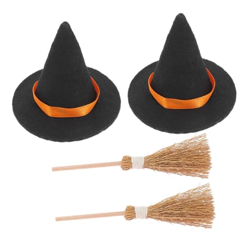 TOGEVAL 2 Sätze Miniatur Hexenhut und Besen Teilig Niedliche Halloween Deko für DIY Puppenhäuser Handgefertigte Miniaturen Detailreiche Sichere Materialien für Halloween Party und von TOGEVAL