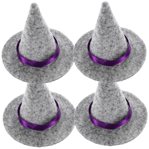 TOGEVAL 4 Stück Miniatur Hexenhüte aus Filz Graue Mini Hexenhüte für Halloween Partydekoration Weinflaschen und Puppen Hut Zubehör DIY Bastelbedarf für Festliche Herbstdeko von TOGEVAL