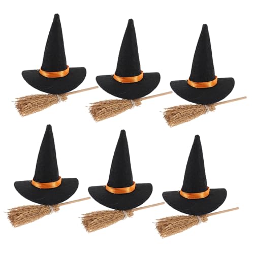 TOGEVAL 6 Satz Teiliges Mini Hexenhut Set aus Filz mit Mini Holzbesen Halloween Deko für DIY Kreativität Langlebig Handfreundlich für Party Weinflaschen und Bastelprojekte von TOGEVAL