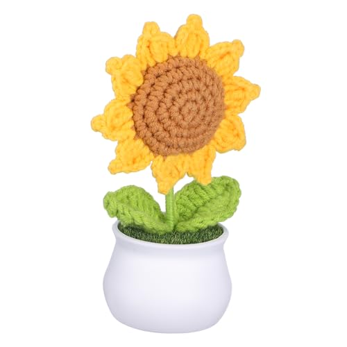 TOGEVAL Gestrickte Sonnenblume Topfpflanze Handgefertigte Häkelblume für Auto und Bürodeko Realistische Blumenornamente Perfektes für Besondere Anlässe von TOGEVAL