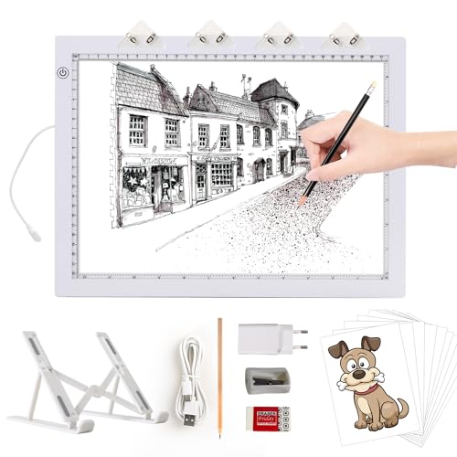 TOHETO A4 Leuchttisch mit Faltbarem Ständer, Adapter, Ultra-dünne Superhell Leuchtplatte, Diamond Painting Tisch Leuchtkasten, LED Lightbox Lightpad für Zeichnen, Diamantmalerei, Tätowierung (Weiß) von TOHETO