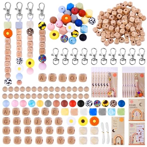 TOHONGADON Würfelförmige Holzperlen mit Initiale 26 Buchstaben, 12 mm Buchstaben, Holzwürfel, Alphabet-Perlen, Silikonperlen für Schlüsselanhänger-Bastelset, 213 Stück von TOHONGADON