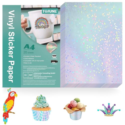 TOJUNE Bedruckbares Vinyl-Aufkleberpapier für Tintenstrahl- und Laserdrucker, A4, 21 x 29.7 cm, Wasserfest, Beliebiger Schnitt, Selbstklebende Rückseite (20 Stück) (Farbige Diamantstruktur) von TOJUNE