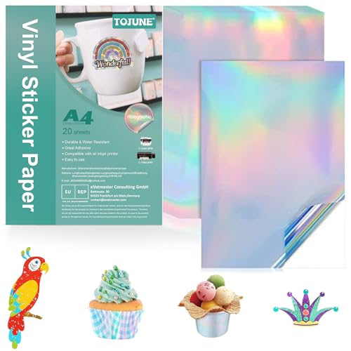 TOJUNE Bedruckbares Vinyl-Aufkleberpapier für Tintenstrahl- und Laserdrucker, A4, 21 x 29.7 cm, Wasserfest, Beliebiger Schnitt, Selbstklebende Rückseite, Farblaser (20 Stück) von TOJUNE