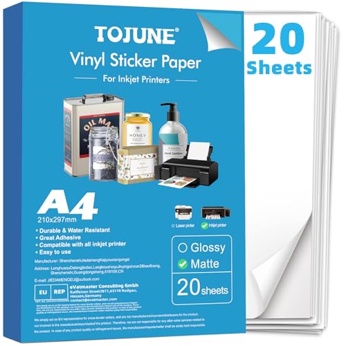 TOJUNE Bedruckbares Vinyl-Aufkleberpapier für Tintenstrahldrucker, A4, 21 x 29.7 cm, Wasserfest, Beliebiger Schnitt, Selbstklebende Rückseite, Weiß Glatt (20 Stück) (Weiß Matt) von TOJUNE