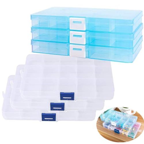 TOKERD 6 Stück Sortierboxen für Kleinteile, transparente Fächer Aufbewahrungsbox, 15 Gitter Einstellbar Sortimentskasten Schmuck Organizer Box für Veranstalter Perlen Ohrring Aufbewahrung Schrauben von TOKERD
