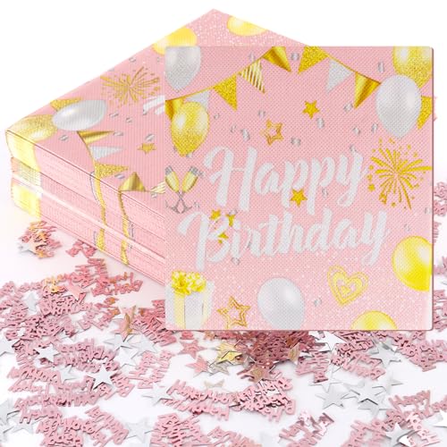 TOKSEO 60 Stück Geburtstagsservietten, 33x33cm Happy Birthday Servietten Rosa,Servietten Geburtstag Pastell mit 10 g Geburtstag Konfetti für Geburtstag Party Deko von TOKSEO