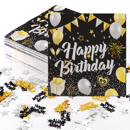 TOKSEO 60 Stück Schwarz-Gold Servietten Happy Birthday, 33x33cm mit Konfetti für Geburtstag Party Deko von TOKSEO