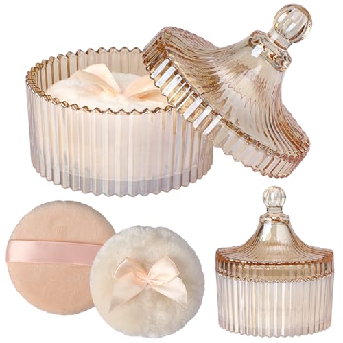 TOLIDA 3pcs Puderdose Set aus Glas,Körperpuderbehälter, Babypuder Dose mit Puderquaste,Puderetui für Körperpuder,Talkumpuder,Kosmetikpuder zu Reise Geburtstag als Geschenk(Kein Pulver) (Bernstein) von TOLIDA