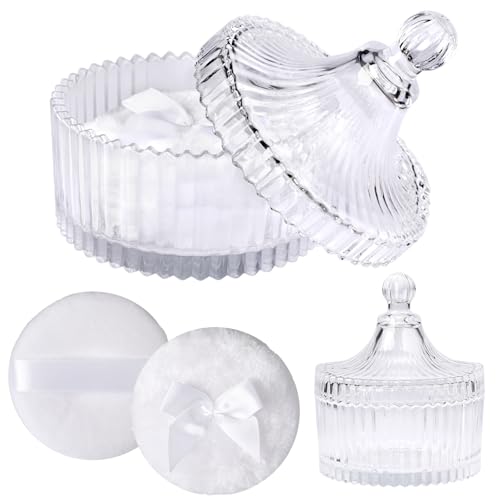TOLIDA 3pcs Puderdose Set aus Glas,Körperpuderbehälter, Babypuder Dose mit Puderquaste,Puderetui für Körperpuder,Talkumpuder,Kosmetikpuder zu Reise Geburtstag als Geschenk(Kein Pulver) (Transparent) von TOLIDA