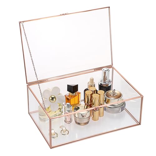 Tolida Extra große Vintage-Schmuckschatulle mit Glasdeckel, rechteckig, Glasvitrine für Ringe, Armbänder, Halsketten, Roségold von TOLIDA