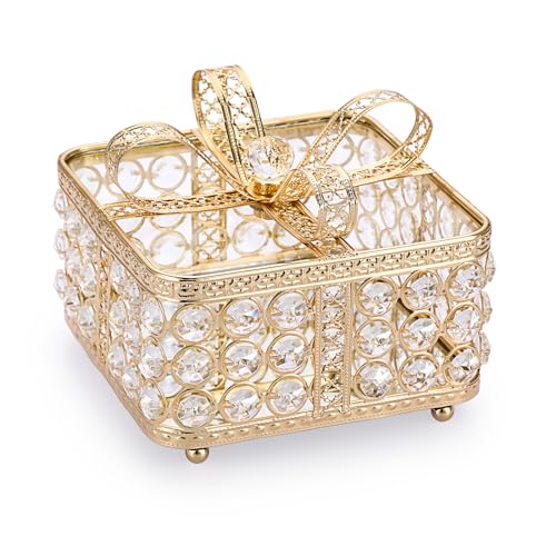 TOLIDA Kristall-Schmuckschatulle mit Deckel, Glas-Schmuckkästchen mit Schleifen-Deckel, glitzernde Schreibtisch-Aufbewahrungsbox für Ohrringe, Ringe, Schmuck, Armbänder (Gold, groß) von TOLIDA