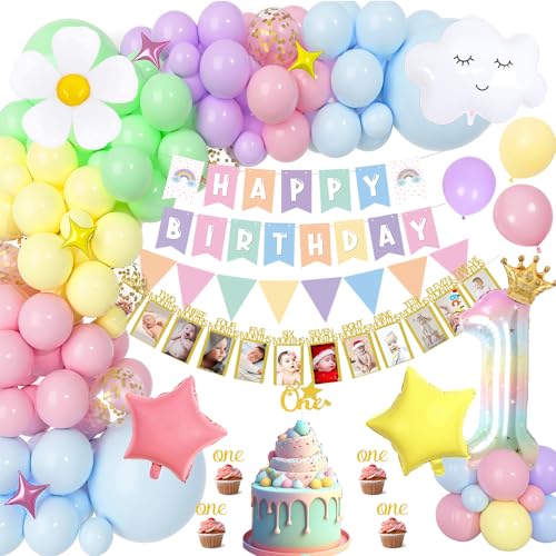 Deko 1. Geburtstag Mädchen, Geburtstagsdeko 1 Jahr Mädchen mit Regenbogen Happy Birthday Banner, Monats Fotobanner, Foil Gradient 1 Balloon, Pastell Luftballon für Erster Geburtstag Mädchen von TOLOYE