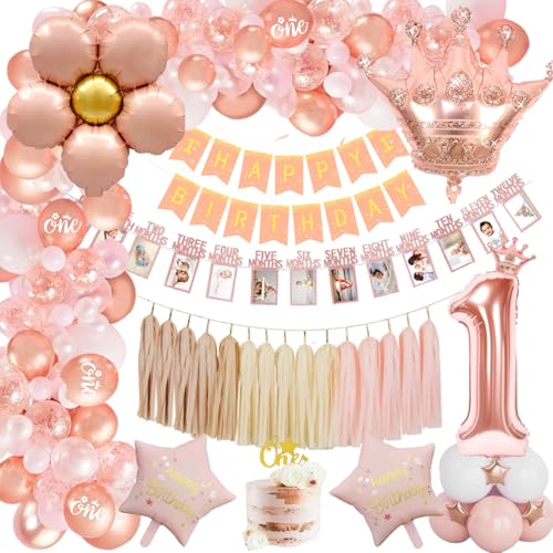 TOLOYE 1.Geburtstag Deko Mädchen, Roségold Geburtstagsdeko 1 Jahr Mädchen mit Happy Birthday Banner, Folie 1 Luftballon, Monat Foto Banner ,ONE Cake Topper, Erste Rosegold Luftballons Girlande von TOLOYE