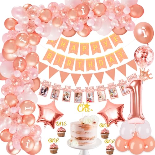 1.Geburtstag Deko Mädchen, Roségold Geburtstagsdeko 1 Jahr Mädchen mit Happy Birthday Banner, Folie 1 Luftballon, Monat Foto Banner,ONE Cake Topper,Erste Rosegold Luftballons Girlande 1.Geburtstag Deko Mädchen, Roségold Geburtstagsdeko 1 Jahr Mädchen mit Happy Birthday Banner, Folie 1 Luftballon, Monat Foto Banner,ONE Cake Topper,Erste Rosegold Luftballons Girlande von TOLOYE