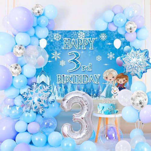 3. Gefroren Geburtstagsdeko Mädchen, Frozen Balloon Girlande Arch Kit Hintergrundplakat, Cake Topper, Weißblau Lila Konfetti Folie Schneeflocken Ballons für Princess Party (3rd) von TOLOYE