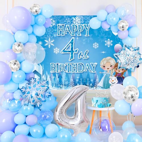 4. Gefroren Geburtstagsdeko Mädchen, Frozen Balloon Girlande Arch Kit Hintergrundplakat, Cake Topper, Weißblau Lila Konfetti Folie Schneeflocken Ballons für Princess Party (4th) von TOLOYE