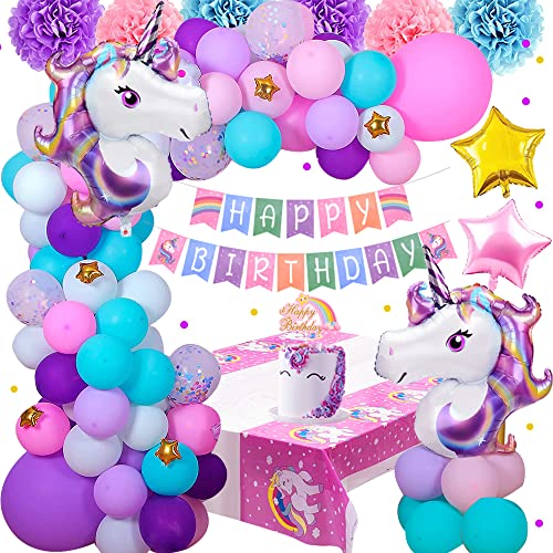 Einhorn Geburtstagsdeko Mädchen, Rosa Lila Blau Happy Birthday Ballons mit Banner Kuchen Topper Quasten Pom Poms Latex Confetti Folie Ballons für Baby Mädchen Party von TOLOYE