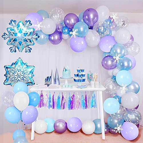 Frozen Geburtstagsdeko Mädchen, Blau Lila Weiß Ballon Luftballon Girlande Kit, Frozen Luftballons mit 3D Snowflake Folien Ballons für Geburtstag Mädchen Baby Shower Wedding Party Dekoration von TOLOYE