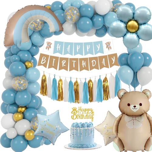 Geburtstag Deko Jungen, Boho Kindergeburtstag Deko mit Retro Blau Gold Luftballons, Bären Happy Birthday Banner, Folienballon, Boho Geburtstag Deko für Erster Geburtstag Jungen Babyparty Geburtstag Deko Jungen, Boho Kindergeburtstag Deko mit Retro Blau Gold Luftballons, Bären Happy Birthday Banner, Folienballon, Boho Geburtstag Deko für Erster Geburtstag Jungen Babyparty von TOLOYE