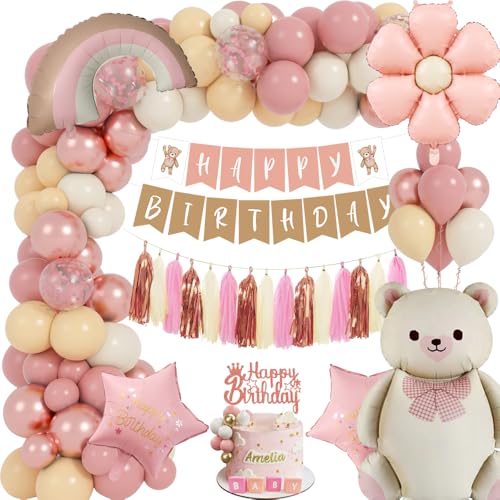 Geburtstag Deko Mädchen, Boho Kindergeburtstag Deko mit Retro Rosa Roségold Luftballons, Bären Happy Birthday Banner, Folienballon, Boho Geburtstag Deko für Erster Geburtstag Mädchen Babyparty Geburtstag Deko Mädchen, Boho Kindergeburtstag Deko mit Retro Rosa Roségold Luftballons, Bären Happy Birthday Banner, Folienballon, Boho Geburtstag Deko für Erster Geburtstag Mädchen Babyparty von TOLOYE
