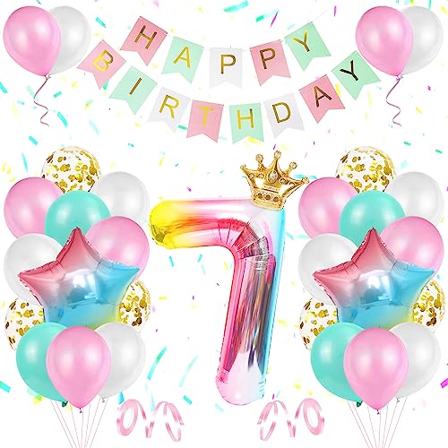 Geburtstag Rosa Dekoration 7 jahr,TOLOYE Luftballon 7. Geburtstag Mädchen, Heliumfolienballons mit großem Farbverlauf, Alles Gute zum Geburtstag Banner und Bänder für Deko Mädchen 7. Geburtstag von TOLOYE