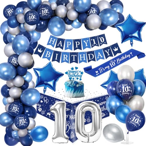 Royal Blue 10th Birthday Party Decorations Kit - Boy Happy Birthday Banner Cake Topper Tischdecke Folienkonfetti Große Zahl 10 Ballon Chrom Blau Silber Luftballons von TOLOYE