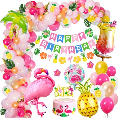 Tropische Geburtstagsdeko Mädchen, Flamingo Kindergeburtstag Deko Frauen mit Flamingo Folie Luftballons, Hawaiian Geburtstag Banner,Cake Topper Sommer Hawaiian Luau Tropische Geburtstags Deko von TOLOYE