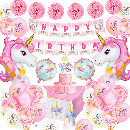 Einhorn Geburtstagsdeko Mädchen, Rosa Kindergeburtstag Set mit Happy Birthday Banner 3D Einhorn Folie Ballons Confetti Luftballons Unicorn Tablecloth Pompoms, Pastell Einhorn Party Supplies für Baby von TOLOYE